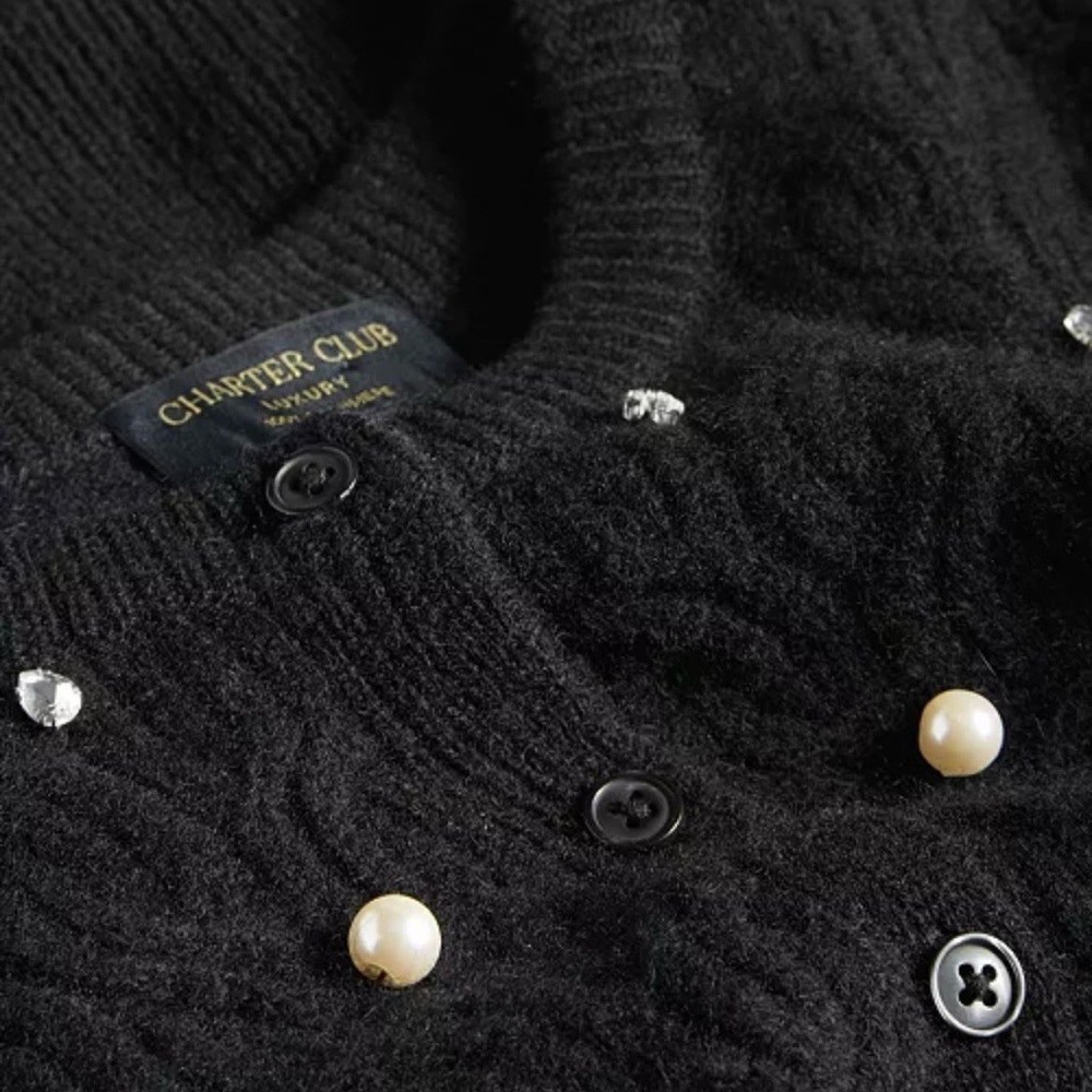 Charter Club 100% Cashmere Embellished Cable-Knit Cardigan in Black Size XL - Picture 7 of 7